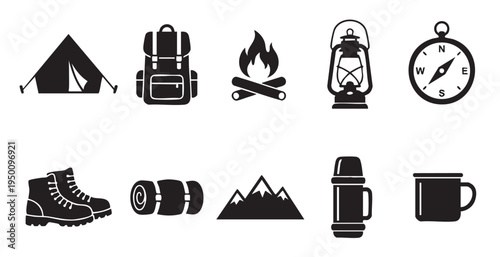 A clean, modern, minimalist set of black icons representing essential camping equipment against a white background.