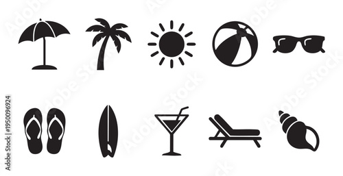 Collection of black vector icons representing beach vacation elements like an umbrella, palm tree, sun, beach ball, sunglasses, flip flops, surfboard, cocktail, lounge chair, and seashell.