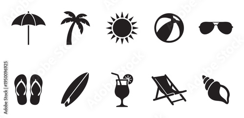 A collection of black silhouette icons depicting popular beach and summer elements, including an umbrella, palm tree, sun, beach ball, sunglasses, flip-flops, surfboard, cocktail, lounge chair.