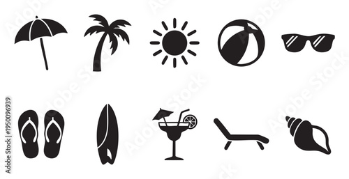 A collection of black icons representing beach vacation elements like a palm tree, sun, surfboard, and cocktail against a white background.