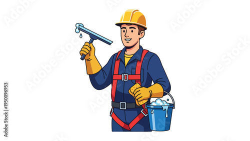Window Washer's Professionalism: A skilled window cleaner, equipped with essential tools and safety gear, confidently readies himself for the task, embodying dedication and precision in his trade.