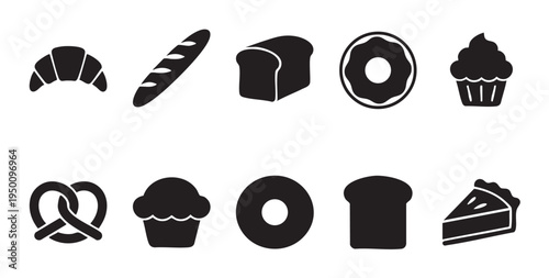 A collection of black silhouette icons representing various baked goods including a croissant, baguette, bread loaf, donut, cupcake, pretzel, and pie slice, suitable for web or print.