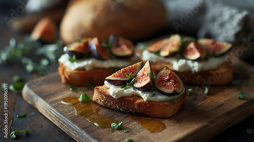 Wallpaper Mural Delicious fig and cheese toast on rustic wooden board Torontodigital.ca