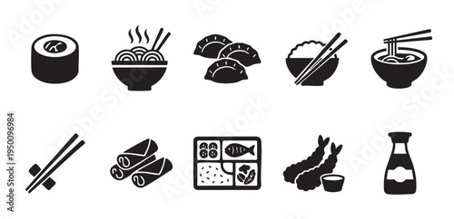 A collection of black and white vector icons representing various Asian dishes and dining elements, perfect for menus, websites, and design projects.
