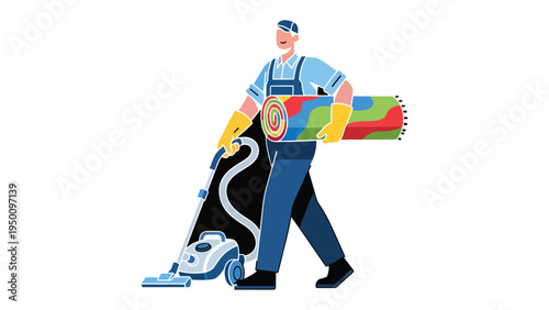 The Art of Clean: A skilled cleaner strides confidently with a vacuum cleaner, a colorful rug slung over his shoulder, symbolizing dedication to the craft of cleanliness. 