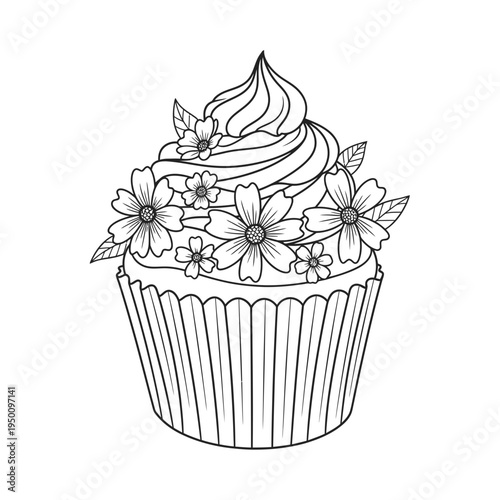 Cupcake with Flowers Coloring Page vector illustration