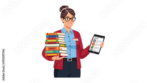 Knowledge in the modern age: A woman, representing the librarian, in a red cardigan and glasses.