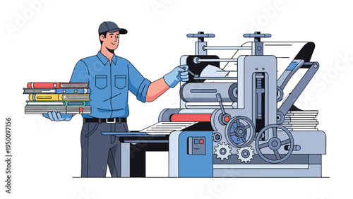 Print Production Specialist in Operation: An individual, clad in professional attire, meticulously operates printing machinery in a factory, holding a stack of freshly produced books.