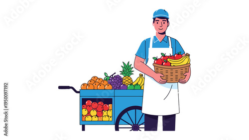 Fresh Fruit Vendor: A friendly fruit vendor, standing beside a vibrant cart overflowing with a colorful array of fresh fruits, ready to offer a healthy selection. 