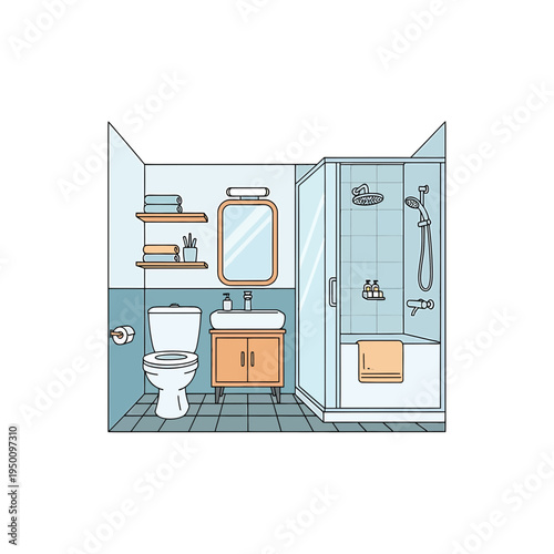 Cozy Bathroom Interior with Toilet Sink and Shower vector illustration