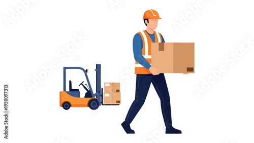 Logistics and Labor: An illustration of a worker carefully transporting a cardboard box, with a forklift in the background, depicts the careful coordination of warehouse operations.