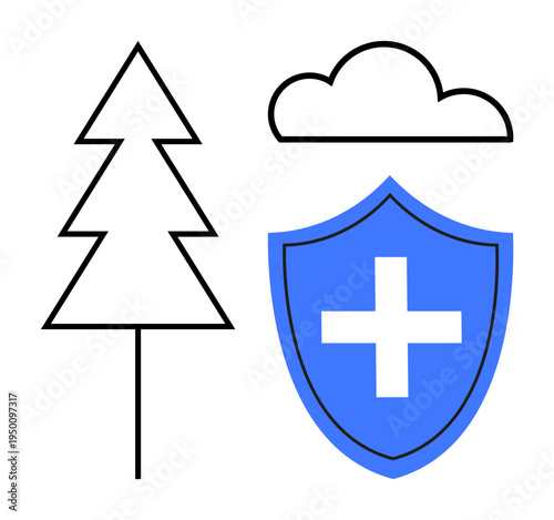 Nature, health protection, sustainability, environmental care, medical safety, wellness. ion includes tree, cloud blue shield with cross. Nature and health protection
