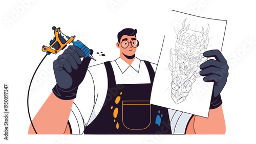 Tattoo artist illustration: A skilled tattoo artist meticulously prepares his equipment while carefully examining a detailed design, ready to create body art.