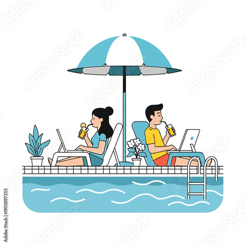 Remote Work by the Pool Freelancers at Leisure vector illustration