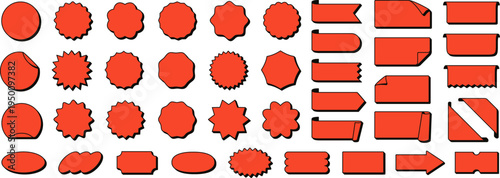 Red discount label stamps, playful stickers for product promotion, new arrival badge, price tags. Cartoon funky ribbon badges, retail sale promo labels, bold comic style tags vector template set