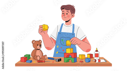 Creative Construction: A man, engrossed in a crafting session, meticulously arranges vibrant building blocks. This illustration radiates playful creativity.