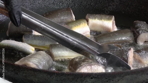 Close up of Eel fish being fried in a pan. Frying eel pieces in a plate