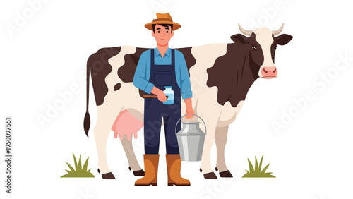 Farm Life: Farmer with a milk jug and milk can stands next to a cow.