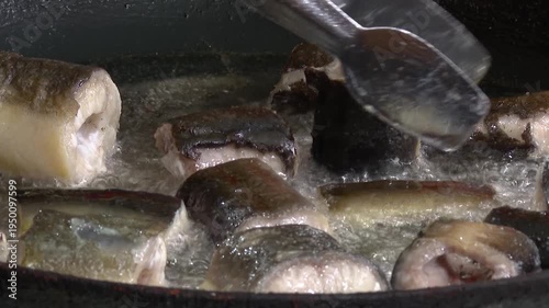 Close up of Eel fish being fried in a pan. Frying eel pieces in a plate