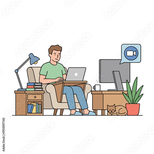 A man works on laptop at home office with cat