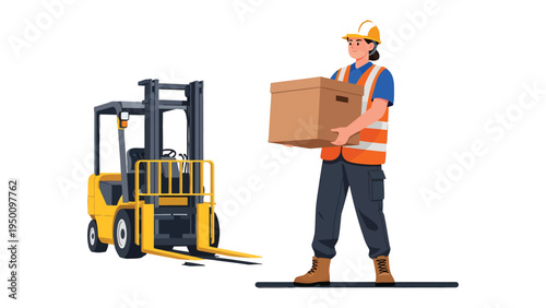 Shipping Box in the Process: A worker meticulously handles a cardboard box next to a forklift, in an environment of industry, highlighting work and logistics.