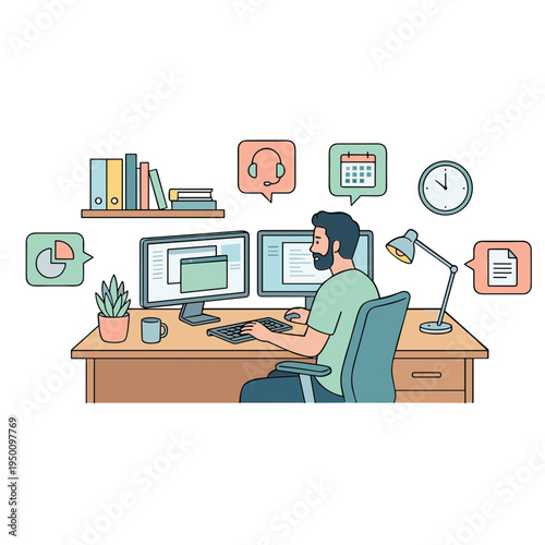 Man works on computers with icons around him in office