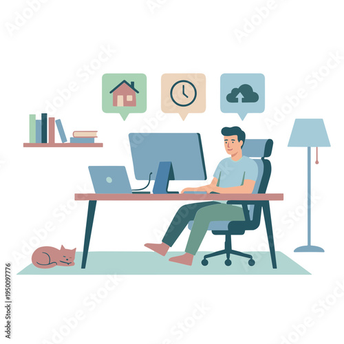 A man works on computer at home with cat