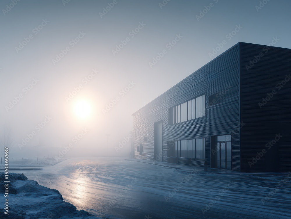 Fototapeta premium Modern industrial office building in winter fog minimal architecture