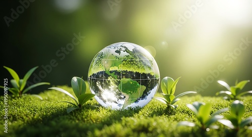 Glass globe on green moss with small plants and sunlight symbolizing eco friendly environment