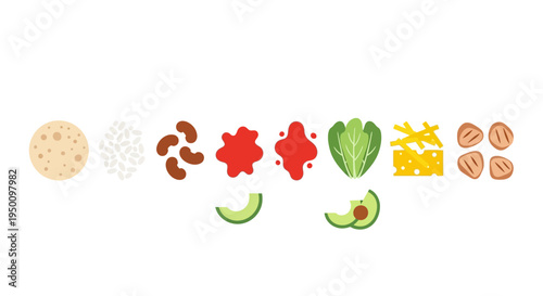 Infographic illustration of burrito ingredients including tortilla wrap, rice beans, grilled chicken, beef filling, fresh vegetables, tomato salsa, guacamole, sour cream, shredded cheese,