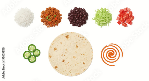 Infographic illustration of burrito ingredients including tortilla wrap, rice, beans, grilled chicken, beef filling, fresh vegetables, tomato salsa, guacamole, sour cream, and shredded