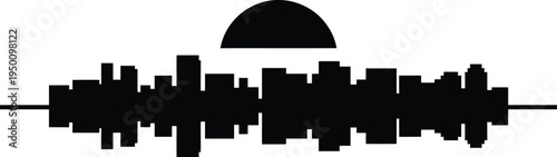 City skyline silhouette with a sun setting, creating a symmetrical abstract reflection effect