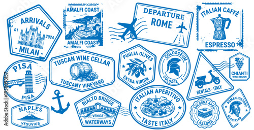 Vintage italy travel passport stamp collection with italian landmarks and food symbols for tourism, vacation and european travel design