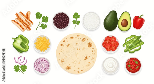 Flat lay illustration of a burrito's ingredients, including tortilla, rice, beans, avocado, peppers, cheese, salsa, guacamole, and sour cream, against a clean white background.