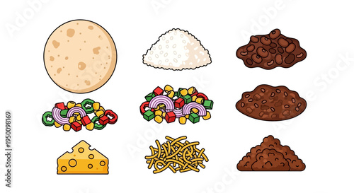 Infographic illustration of burrito ingredients including tortilla, rice, beans, cheese, lettuce, and vegetables on a white background.