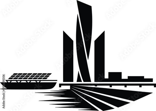 Distinctive building shapes with a solar powered boat on water, modern architectural concept