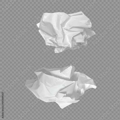 Realistic crumpled paper ball with crushed, wrinkled pieces, isolated on white background, representing discarded ideas, mistakes, brainstorming process, creativity, office work, waste paper concept