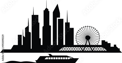 Downtown metropolitan panorama with tall buildings ferris wheel and luxury yacht cruising water