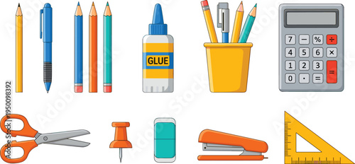 School supplies collection with pencils calculator scissors glue ruler and stationery tools flat vector illustration set