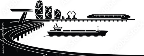 Futuristic industrial port with advanced cargo ship and high-speed train concept vector