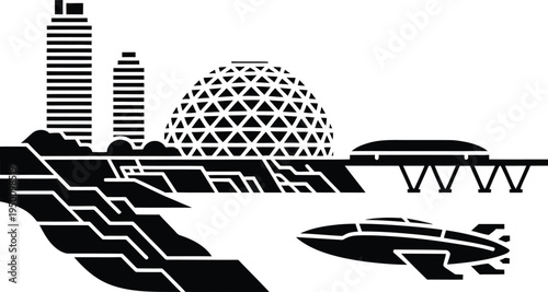 Futuristic skyline silhouette featuring geodesic dome and sleek spaceship on water background