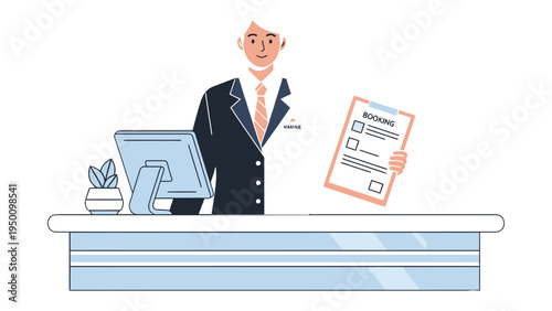Professional at Reception Desk: A poised professional stands behind a modern reception desk, extending a document as if to engage and assist in a service setting. 