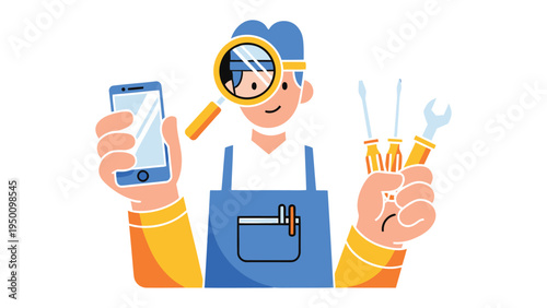 Mobile Tech Repair Illustration: A skilled technician, equipped with a magnifying glass and tools, meticulously examines a mobile phone, representing expertise in technology repair.
