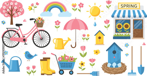 Spring season icons collection with flowers rainbow bicycle gardening tools and nature elements flat vector illustration set