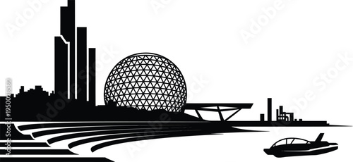 Futuristic skyline silhouette featuring geodesic dome with high rise buildings and water craft