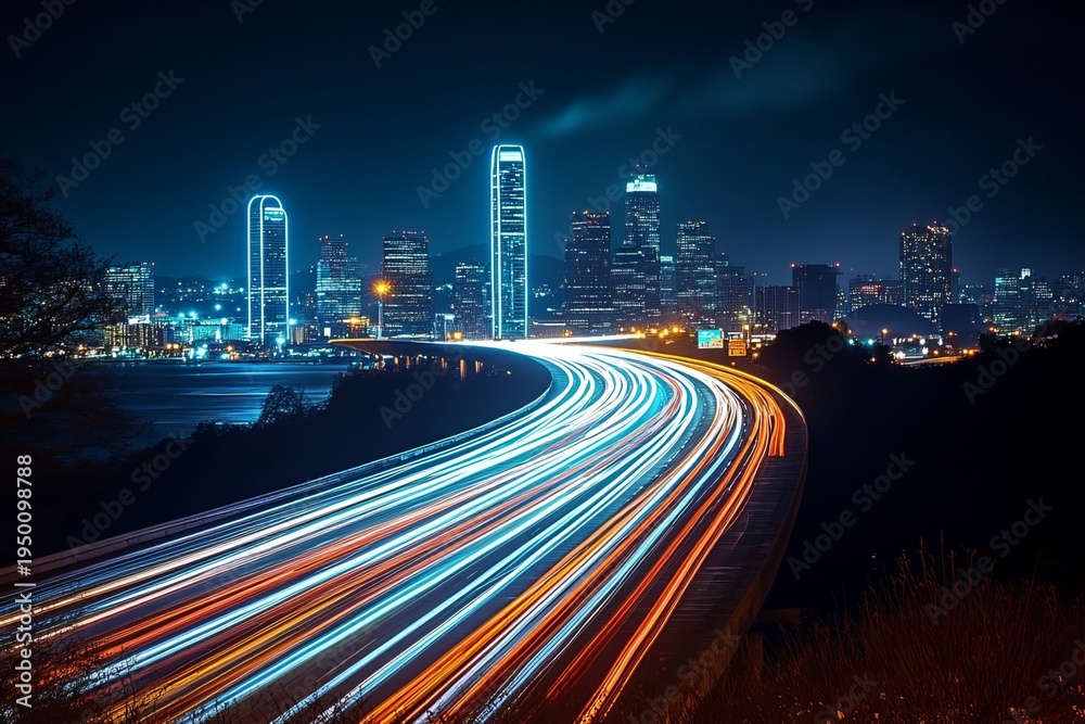 Fototapeta premium Stunning Nighttime View of a Busy City Motorway with Bright Lights and Skyscrapers in Background