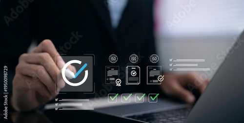 Fotografie Businesswoman verifying quality standards with digital checklist and certification interface