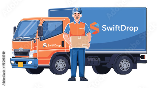Delivery Driver & Truck: A delivery driver stands proudly next to a vibrant delivery truck, holding a package, symbolizing the efficient and reliable service, ready to deliver goods.