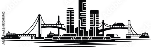 Industrial port city skyline silhouette with heavy bridges and cargo ships on wavy water bed
