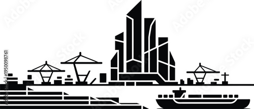 Industrial port city skyline with cargo ship and heavy cranes black vector illustration design
